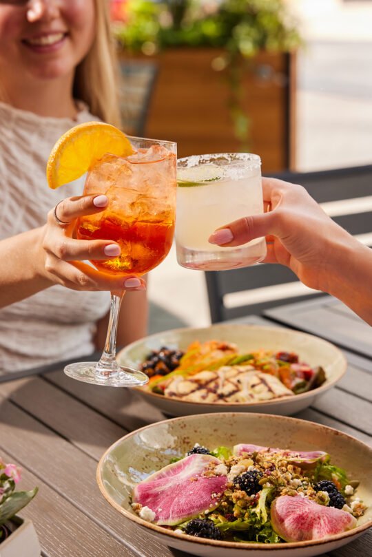 Two friends cheering in the outdoor setting enjoy, chatting, eating in the bright summer light