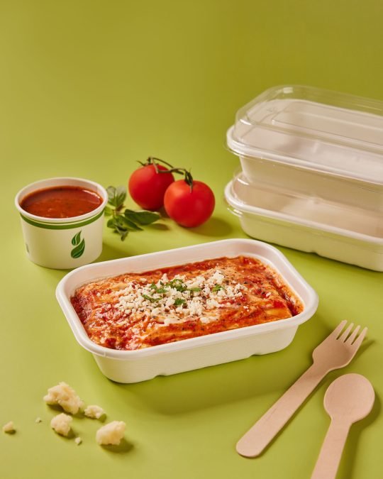 Classic spaghetti with tomato basil sauce, photographed for a disposable container