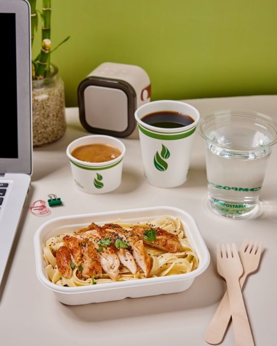Toronto food photographer captures fresh poutine and chicken carbonara for a disposable container