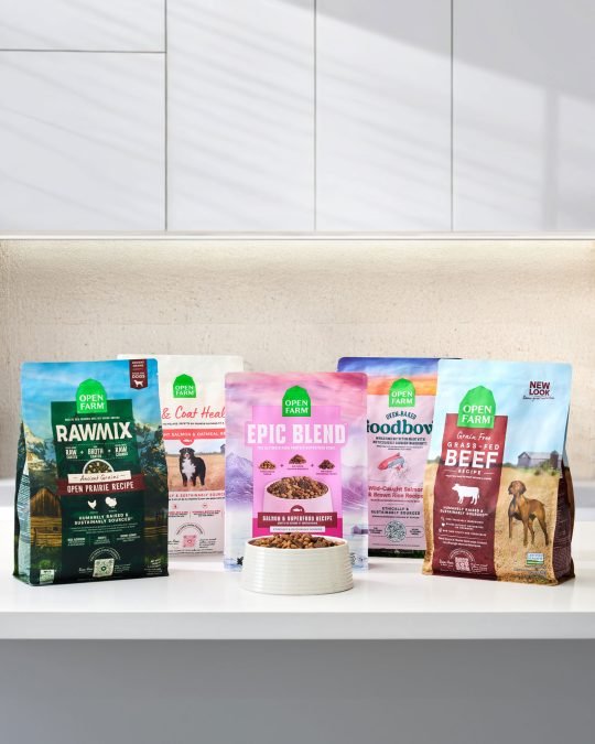 A group of dog food on a Kitchen counter, photographed for a Toronto pet brand