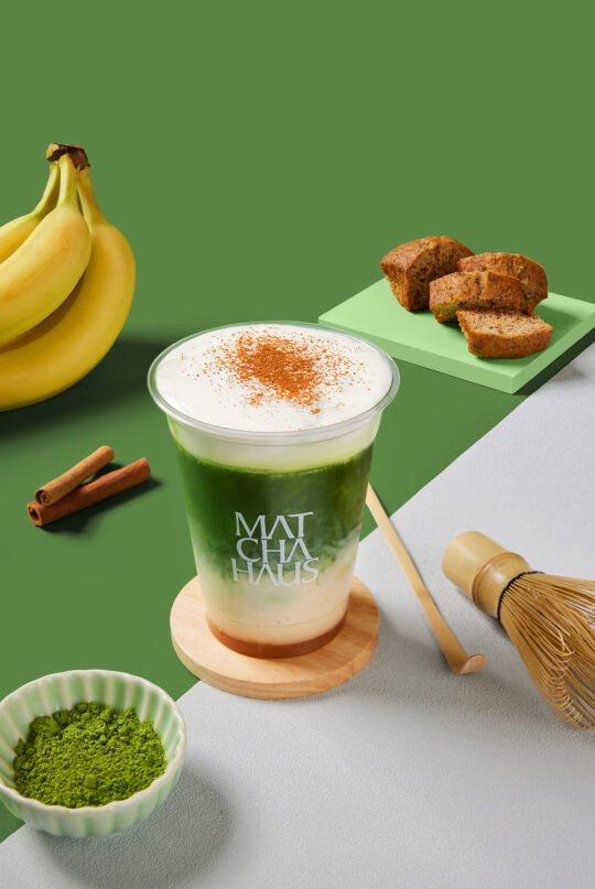 Homemade healthy green tea matcha drink with banana flavours – product drink photography