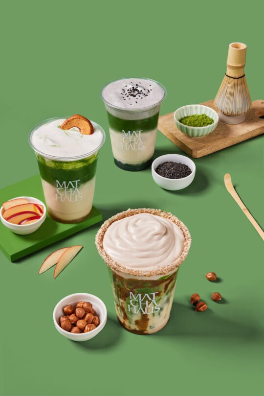 Homemade healthy green tea matcha drink with nutty and mix fruit flavours – product drink photography