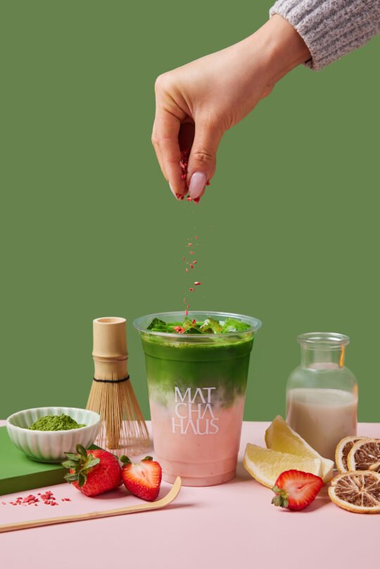 Homemade healthy green tea matcha drink with Strawberry flavours – product drink photography