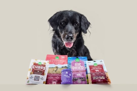 Close-up of premium kibble blend with meat and vegetables, styled for a pet food packaging shoot